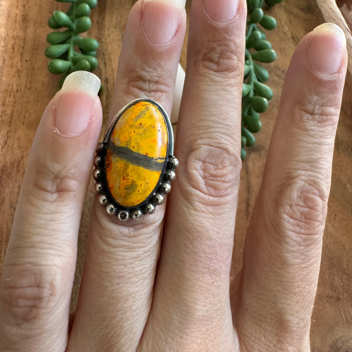 .925 Sterling Silver Bumblebee Jasper Ring - Size 6