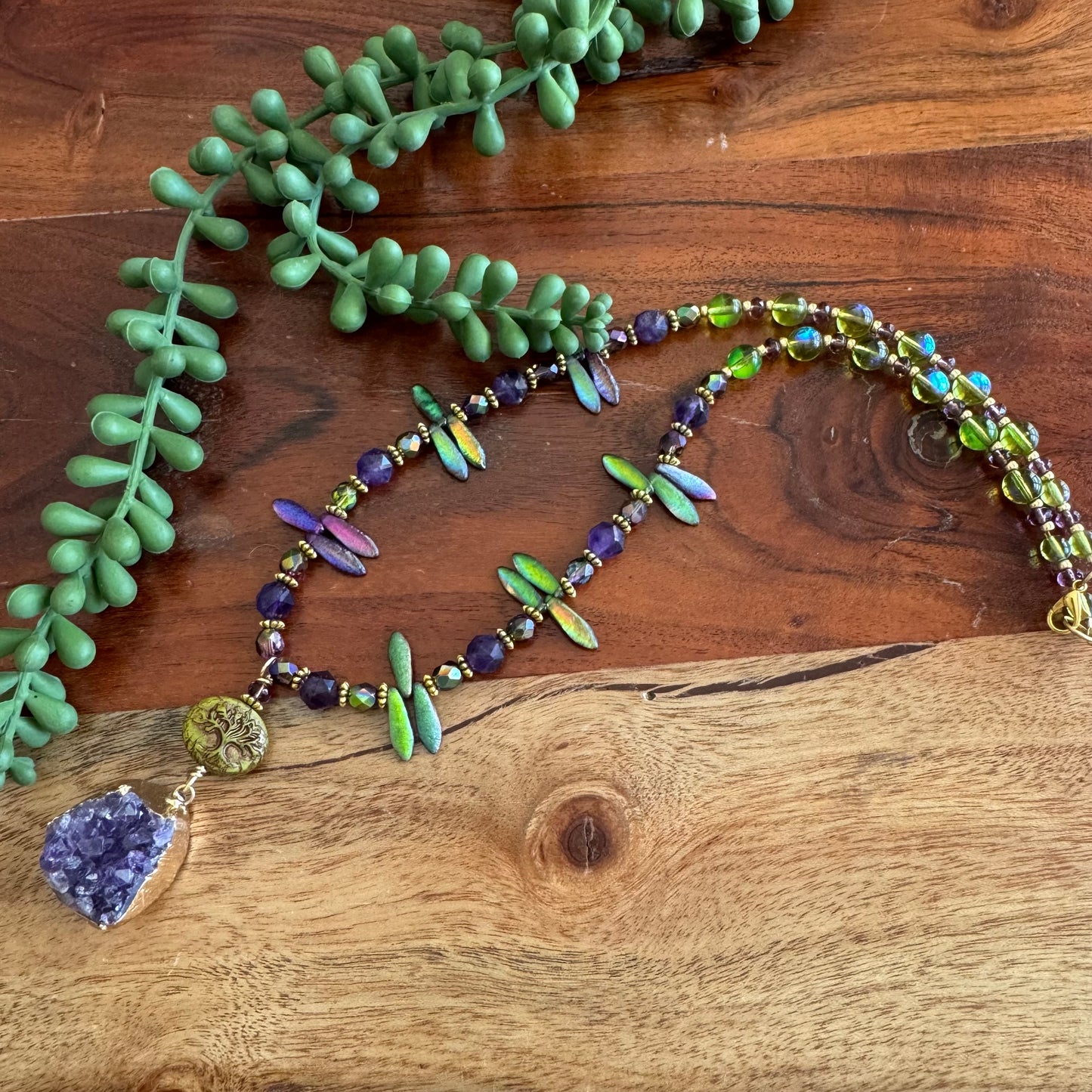 Purple Druzy and Amethyst Necklace with Tree of Life and Czech Glass Accents