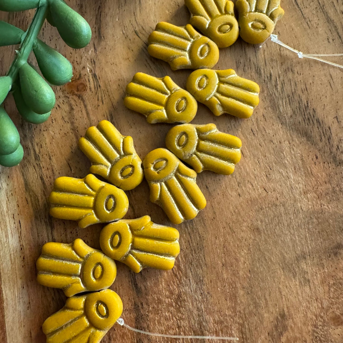 Czech Glass Mustard and Gold Hamsa Focal Bead 4pcs