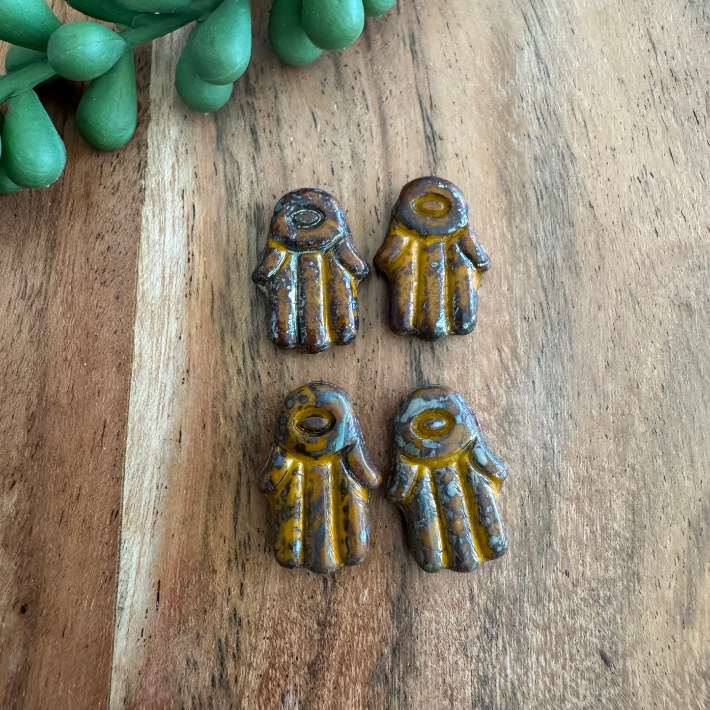 Czech Glass Mustard and Pcasso Hamsa Focal Bead 4pcs