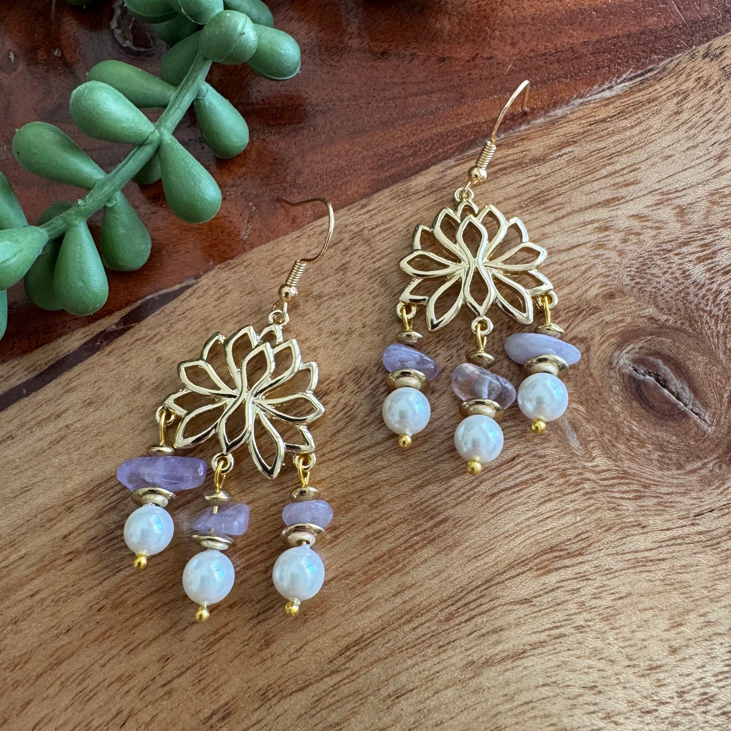 Amethyst and Glass Pearl Lotus Earrings