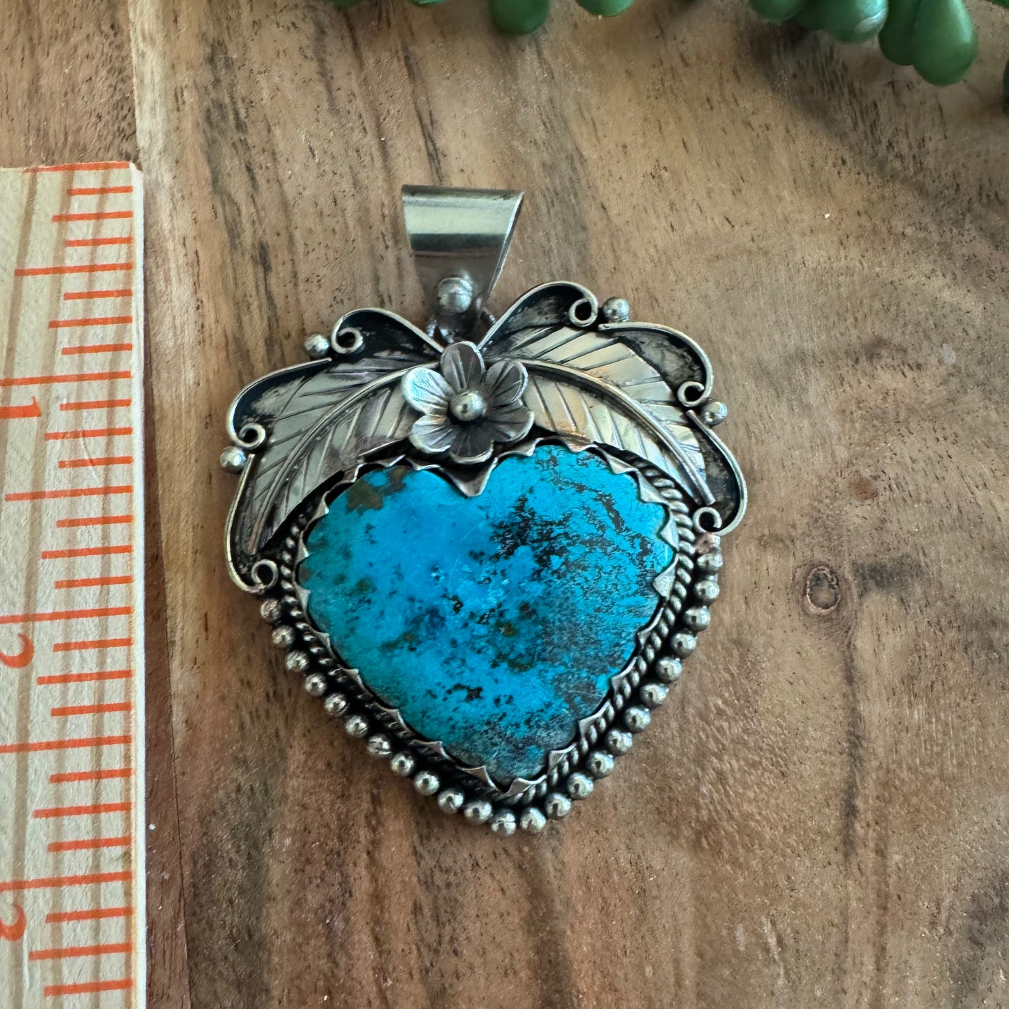 Chrysocolla Heart Pendant with Floral Detailing – Antique Silver-Tone Southwest Style