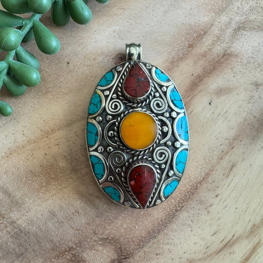 Tibetan Turquoise Inlay Pendant – Tribal Style TIB02