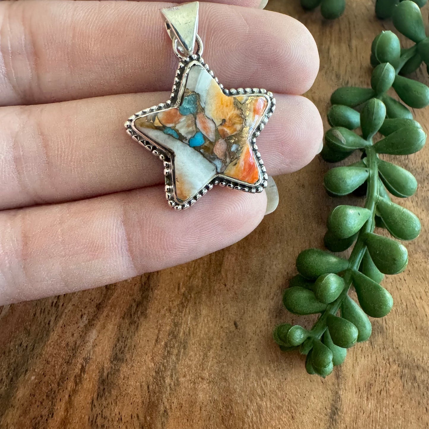 .925 Sterling Silver Star Pendant – Orange Spiny Oyster & Turquoise