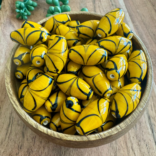 Mustard Yellow & Black Swirled Glass Beads | 20 Pieces - 12x24mm (India)
