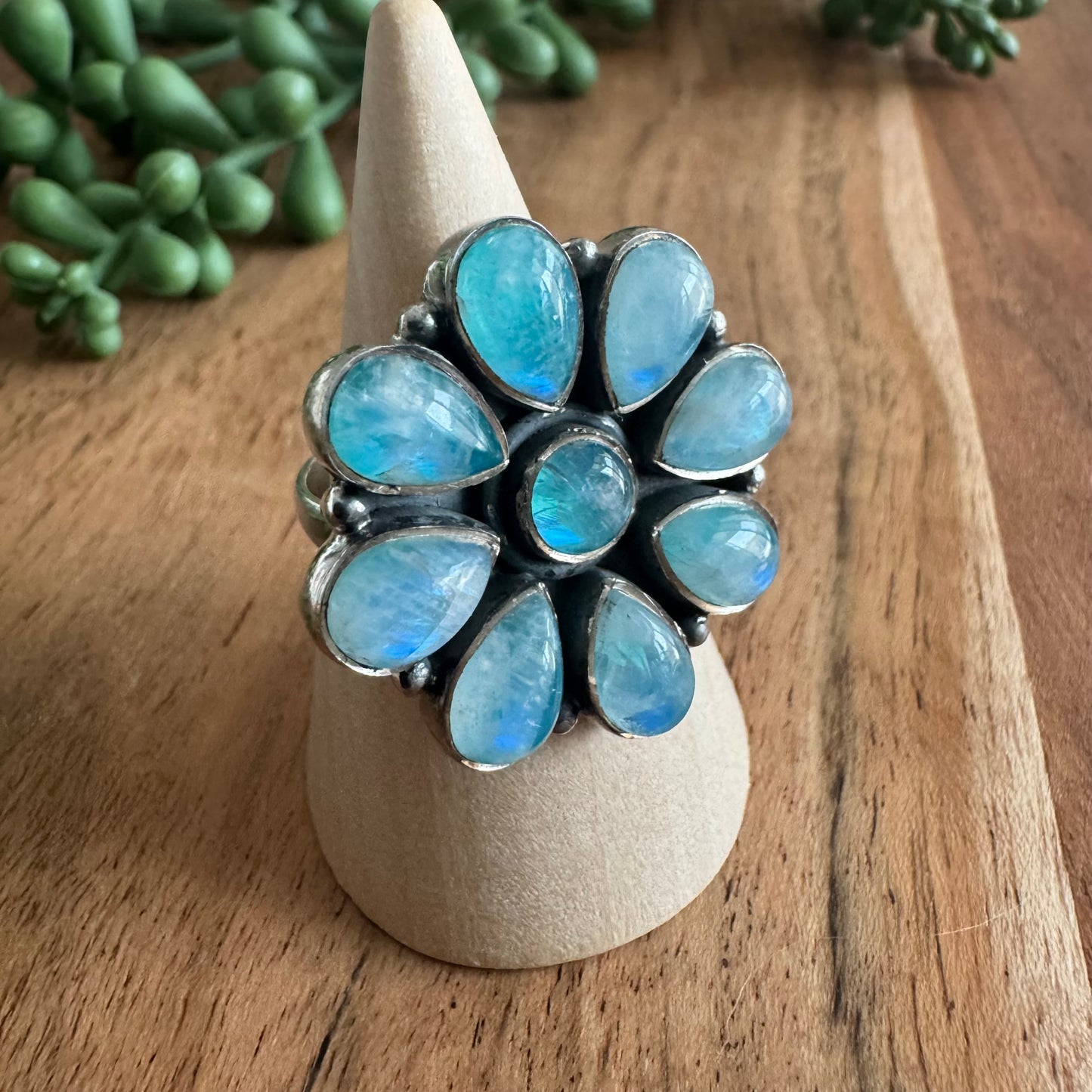 .925 Sterling Silver & Green/Blue Moonstone Flower Ring (Size 9)