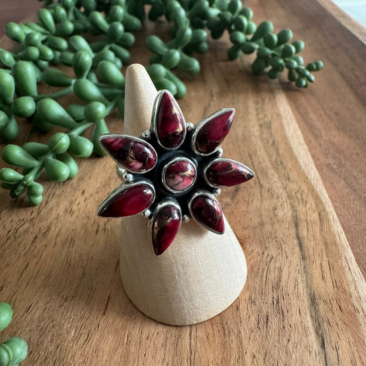 925 Sterling Silver Red Dahlia Flower Statement Ring – Size 6