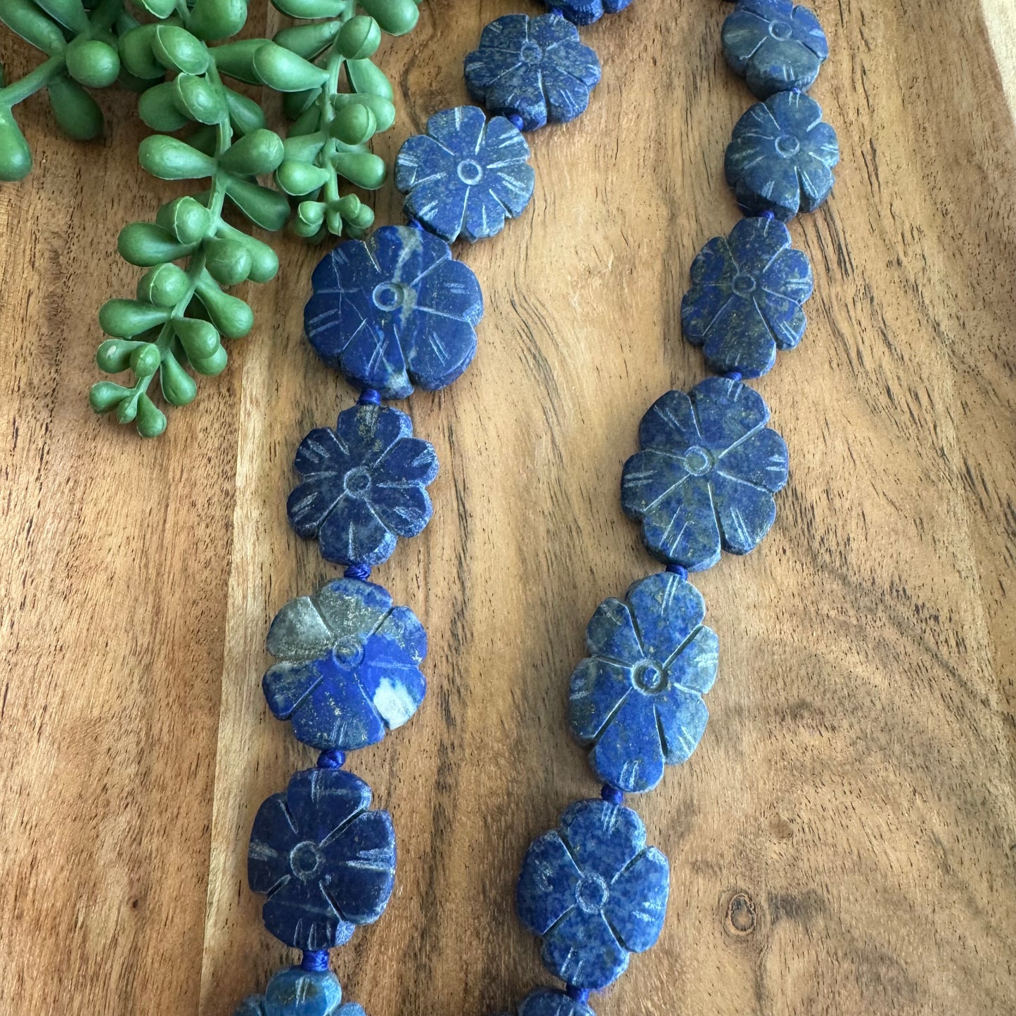 Lapis Lazuli Carved Flower Gemstone Bead Strand