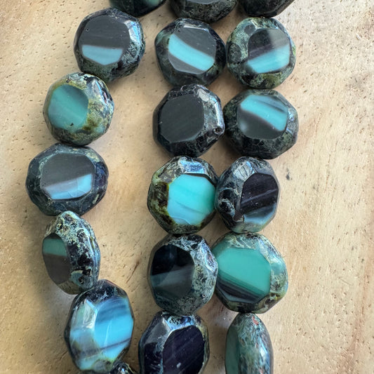 Vintage Czech Turquoise and Black Tablecut Octagon Coin 12mm Bead Strand 16pcs
