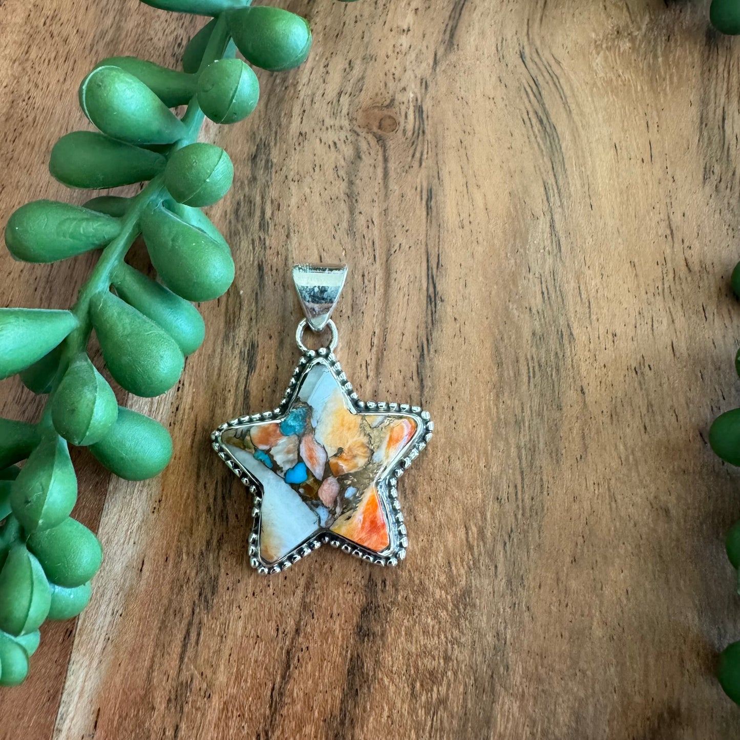 .925 Sterling Silver Star Pendant – Orange Spiny Oyster & Turquoise