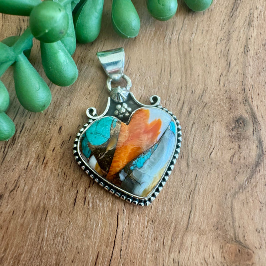 .925 Sterling Silver Heart Pendant – Orange Spiny Oyster & Turquoise