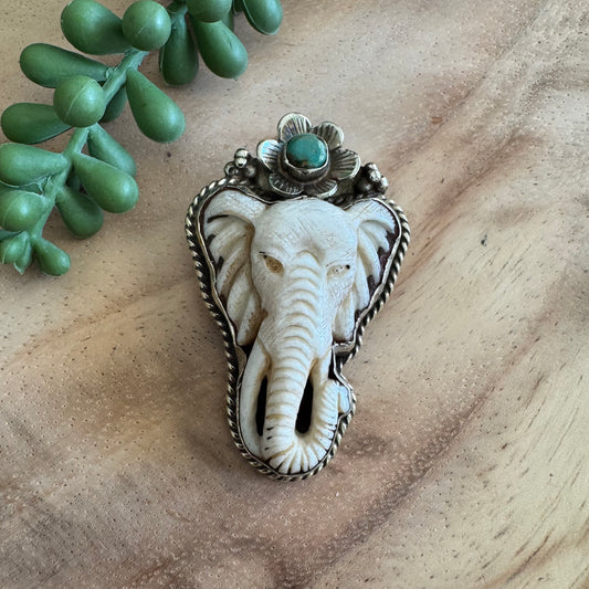Carved Bone Elephant and Turquoise Pendant SWP25