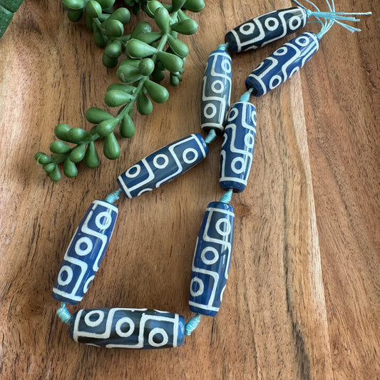 Large Blue DZI Agate Tube Beads, 40x14 mm