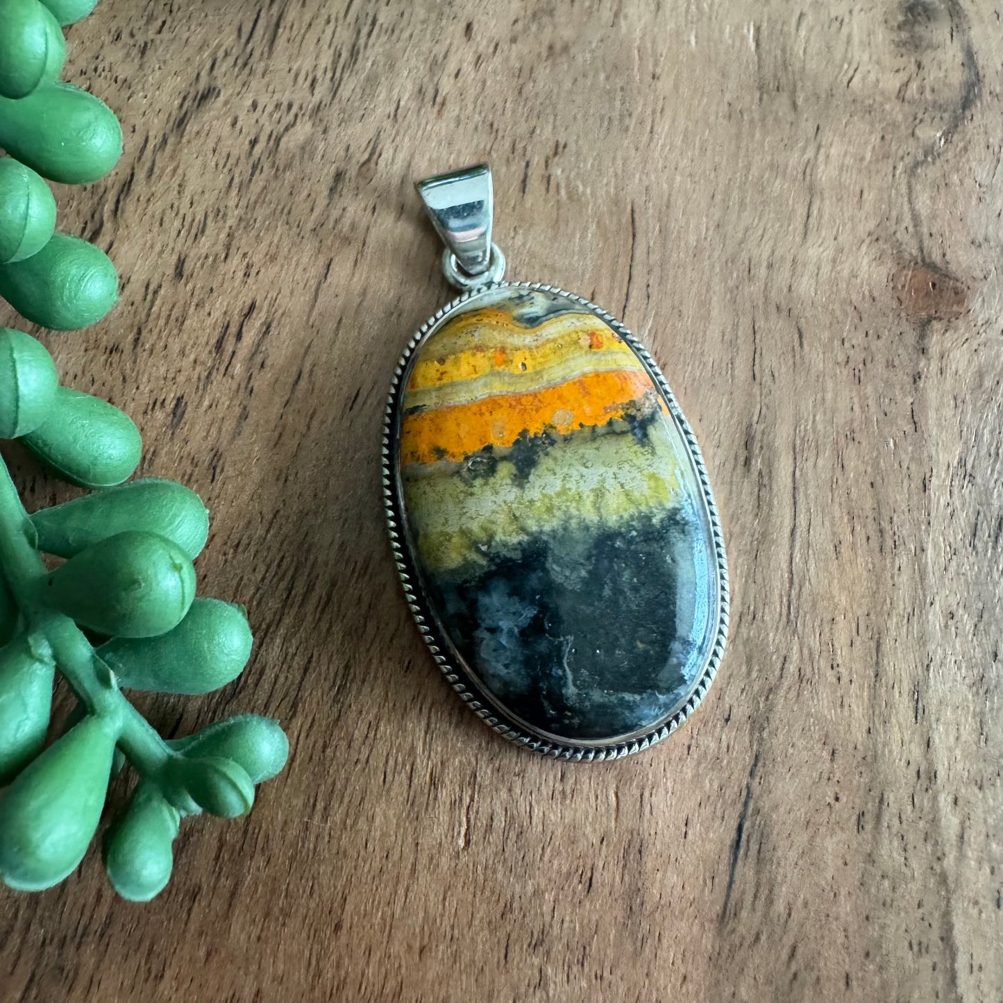 .925 Sterling Silver & Bumblebee Jasper Oval Pendan