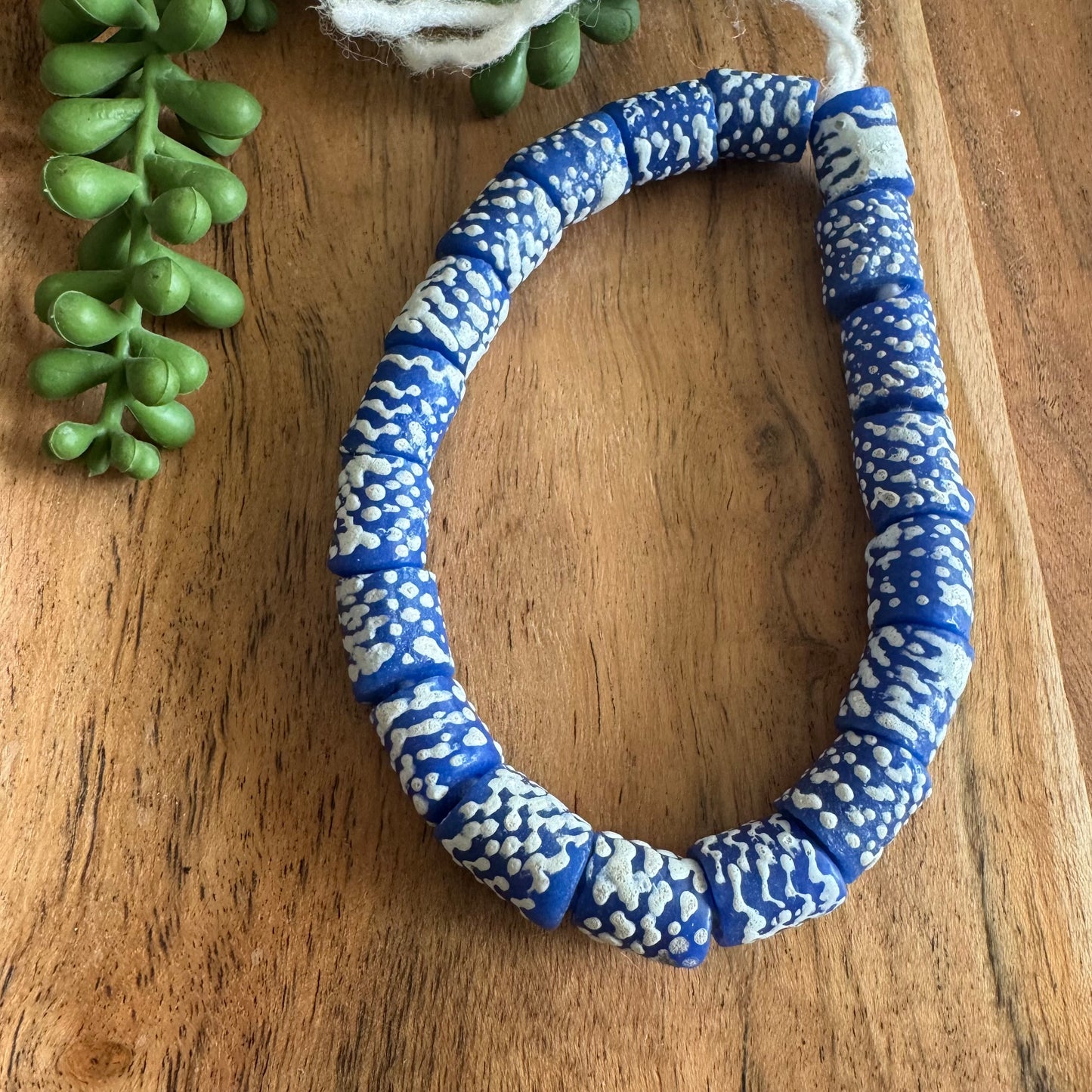 Blue African Glass Krobo Beads – 12x13-15mm – 10 Inch Strand