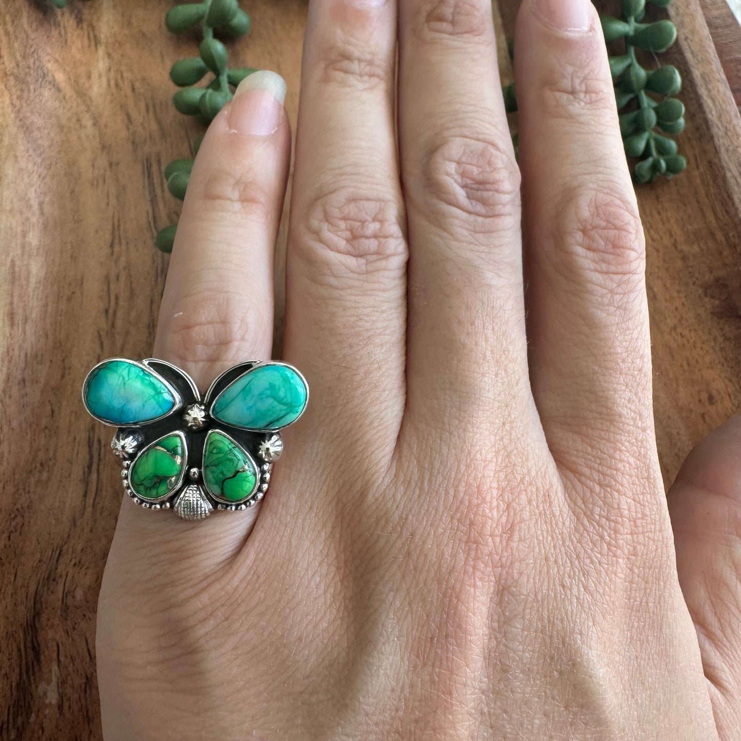 .925 Sterling Silver Peacock Dahlia Butterfly Ring - Size 5