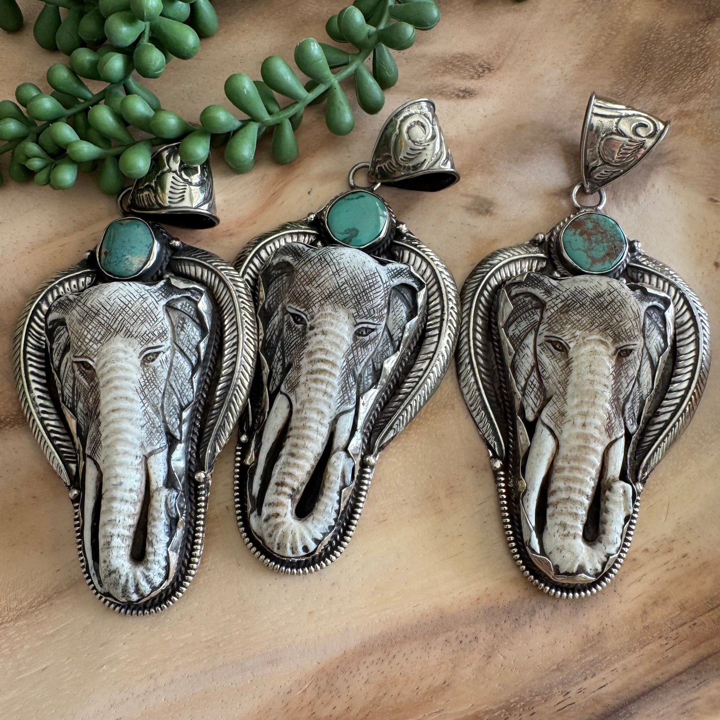 Carved Bone Elephant and Turquoise Statement Pendant SWP06