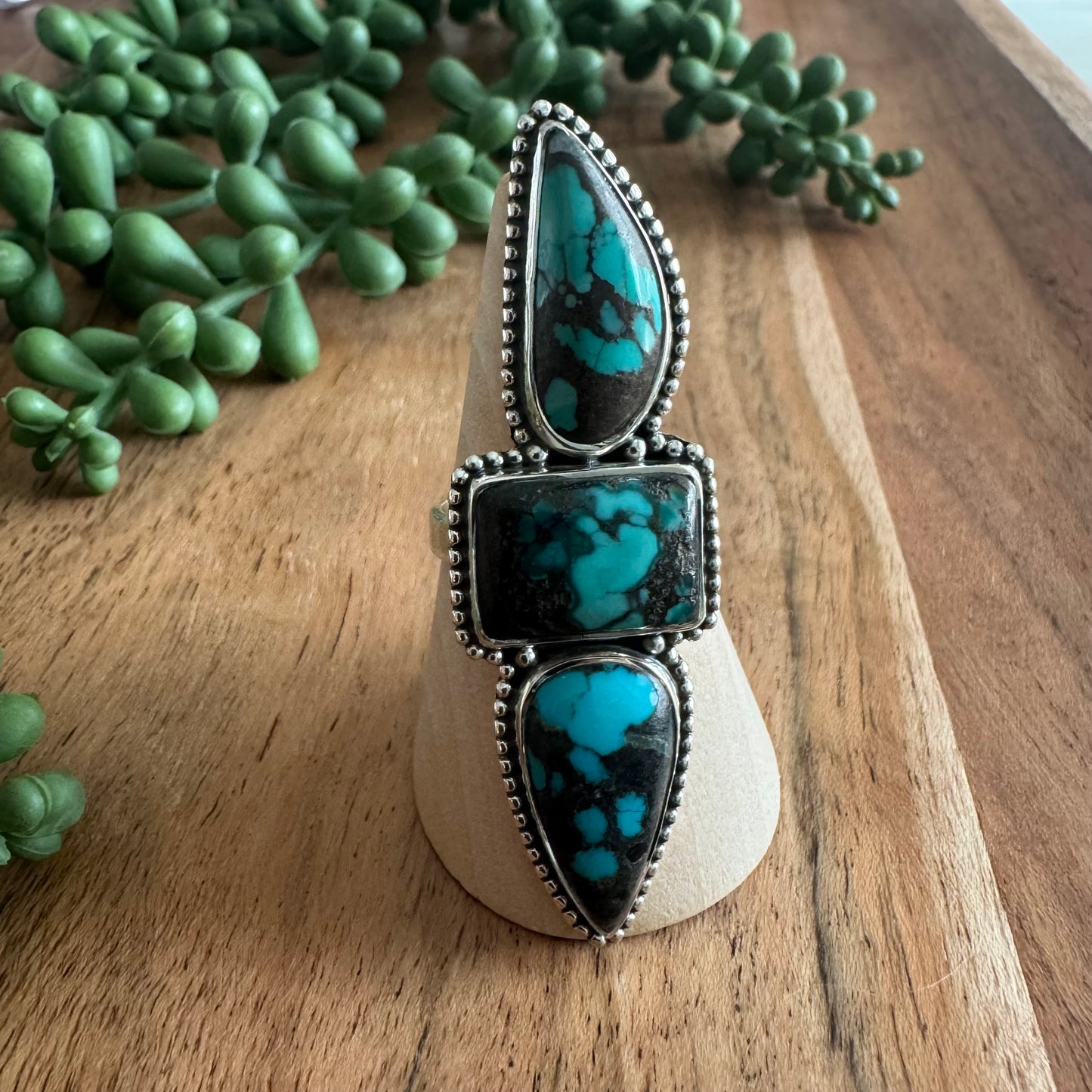 .925 Sterling Silver & Turquoise Three-Stone Statement Ring (Size 10)