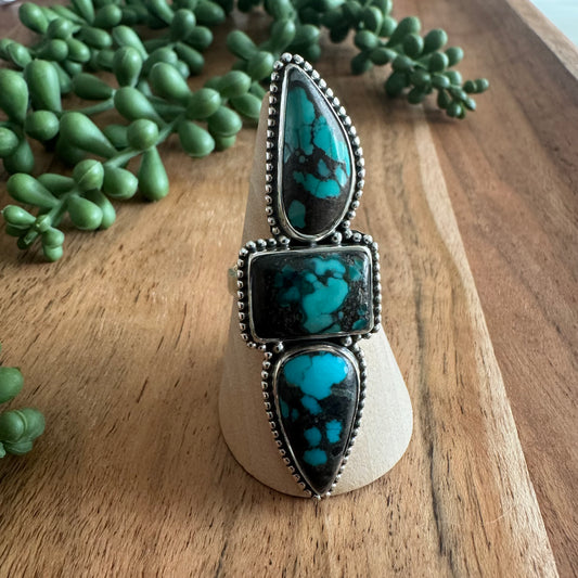 .925 Sterling Silver & Turquoise Three-Stone Statement Ring (Size 10)