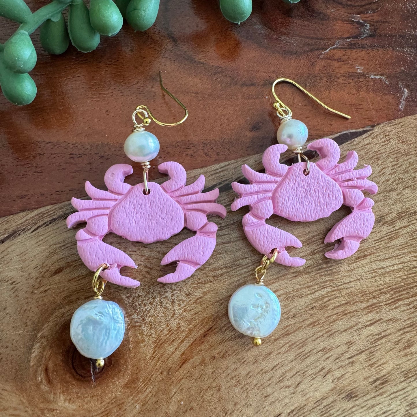 Pink Crab and Pearl Earrings