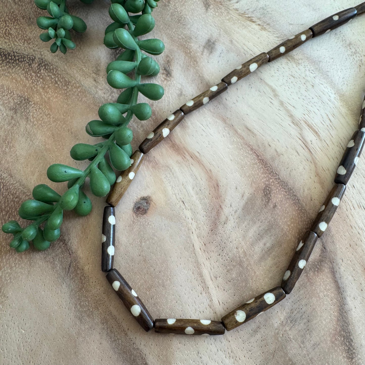 Polka Dot Batik Bone Tube Beads – 5x24 mm – 15–16 Inch Strand