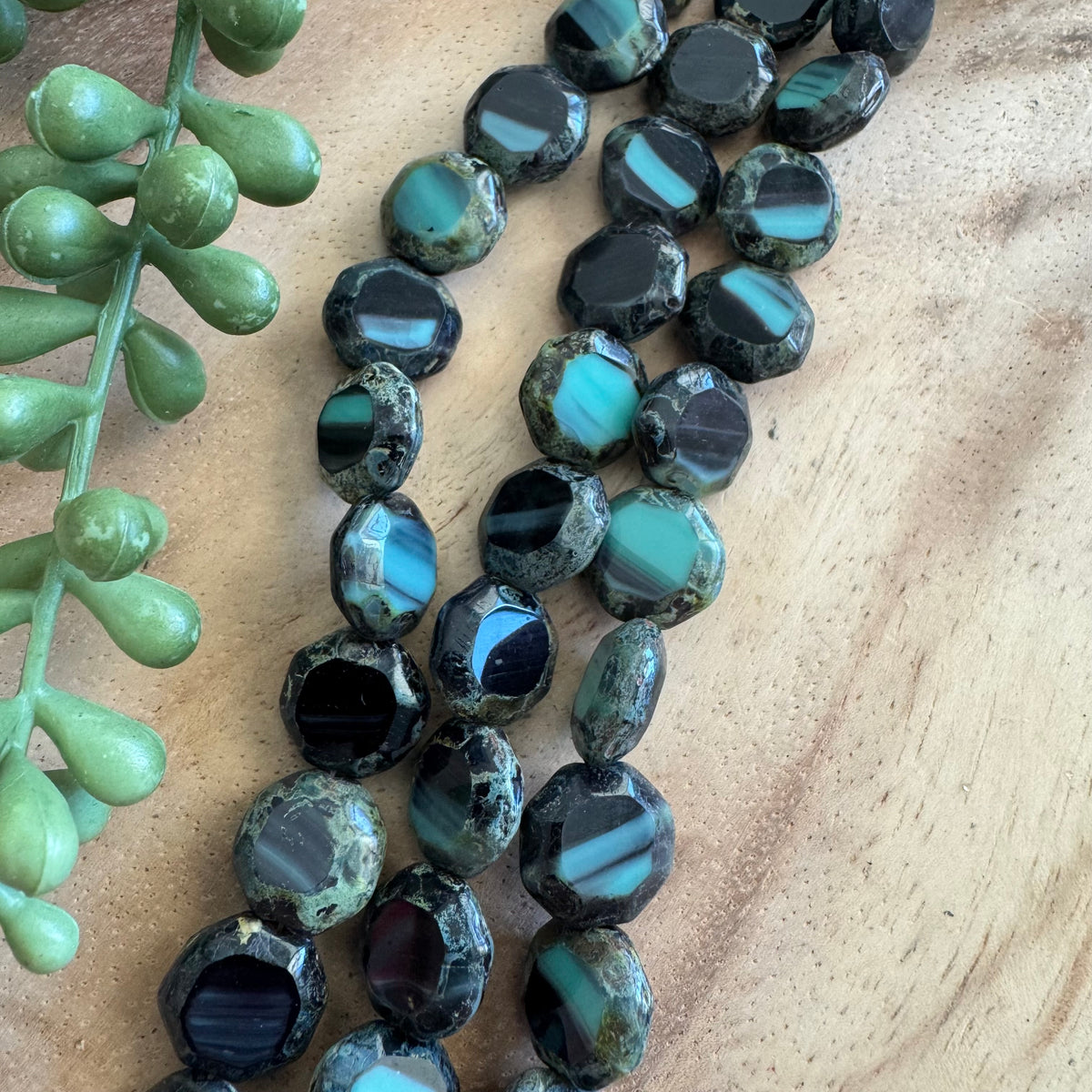 Vintage Czech Turquoise and Black Tablecut Octagon Coin 12mm Bead Strand 16pcs