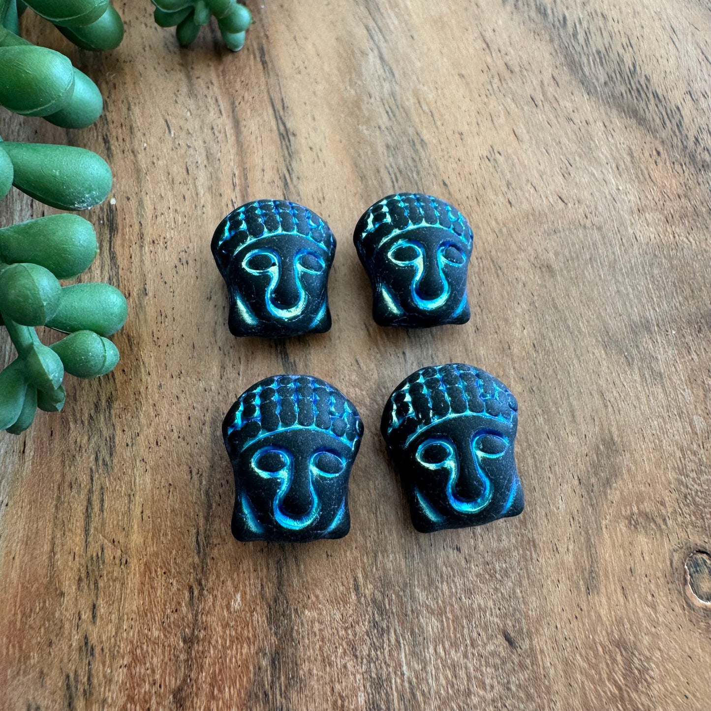 Czech Glass Black and AB Wash Buddha Focal Bead 4pcs