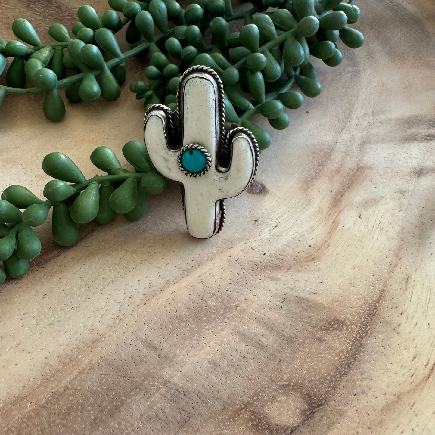 Saguaro Cactus Bone and Turquoise Ring Adjustable SWP20