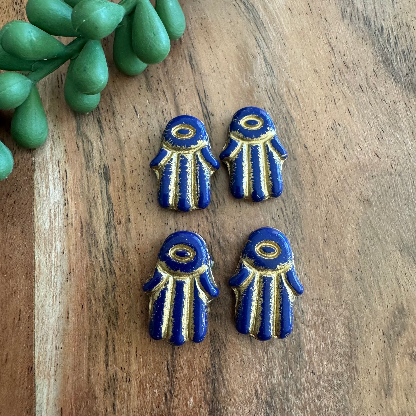 Czech Glass Navy Hamsa Focal Bead 4pcs