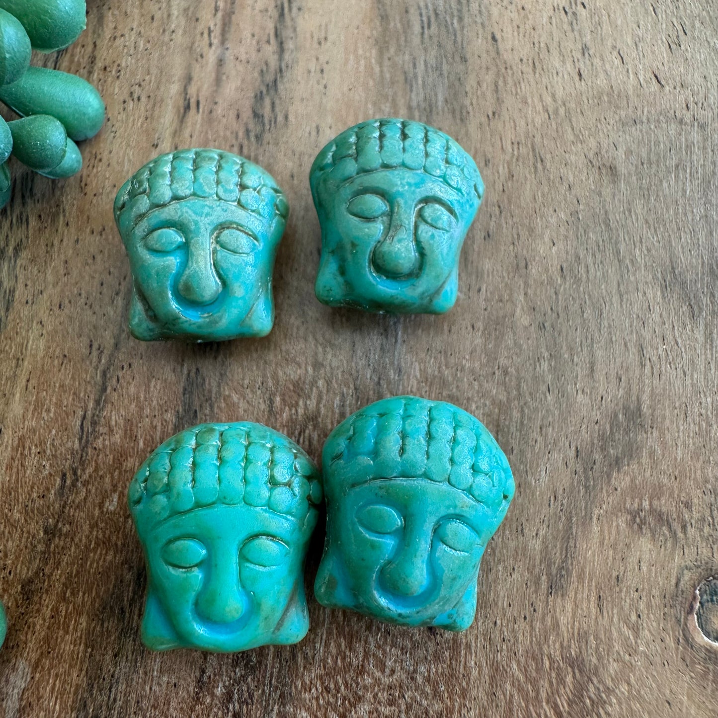 Czech Glass Turquoise Picasso Buddha Focal Bead 4pcs