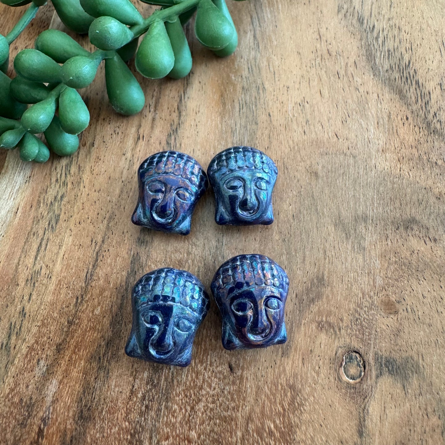 Czech Glass Purple/Blue Luster Buddha Focal Bead 4pcs