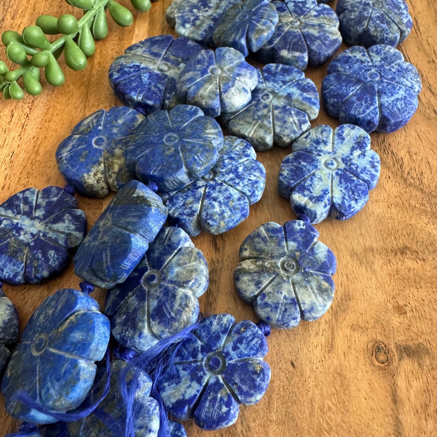 Lapis Lazuli Carved Flower Gemstone Bead Strand #2