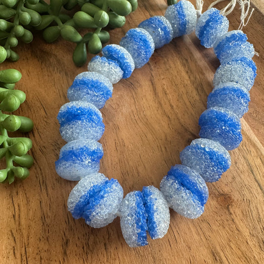 Blue and Clear African Glass Beads – 7x18 mm – 10 Inch Strand