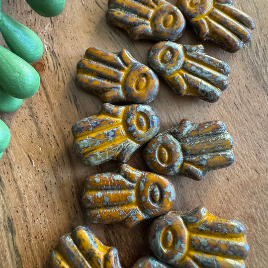 Czech Glass Mustard and Pcasso Hamsa Focal Bead 4pcs