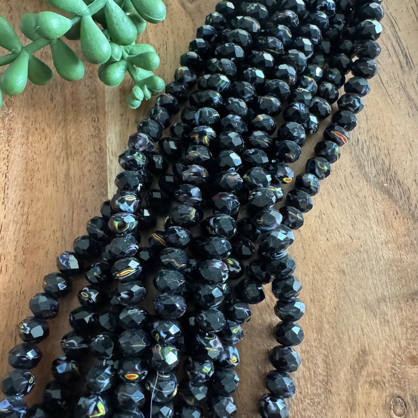 Black/Multi Color Faceted Glass Rondelle Beads – 6x7 mm – 8–9 Inch Strand