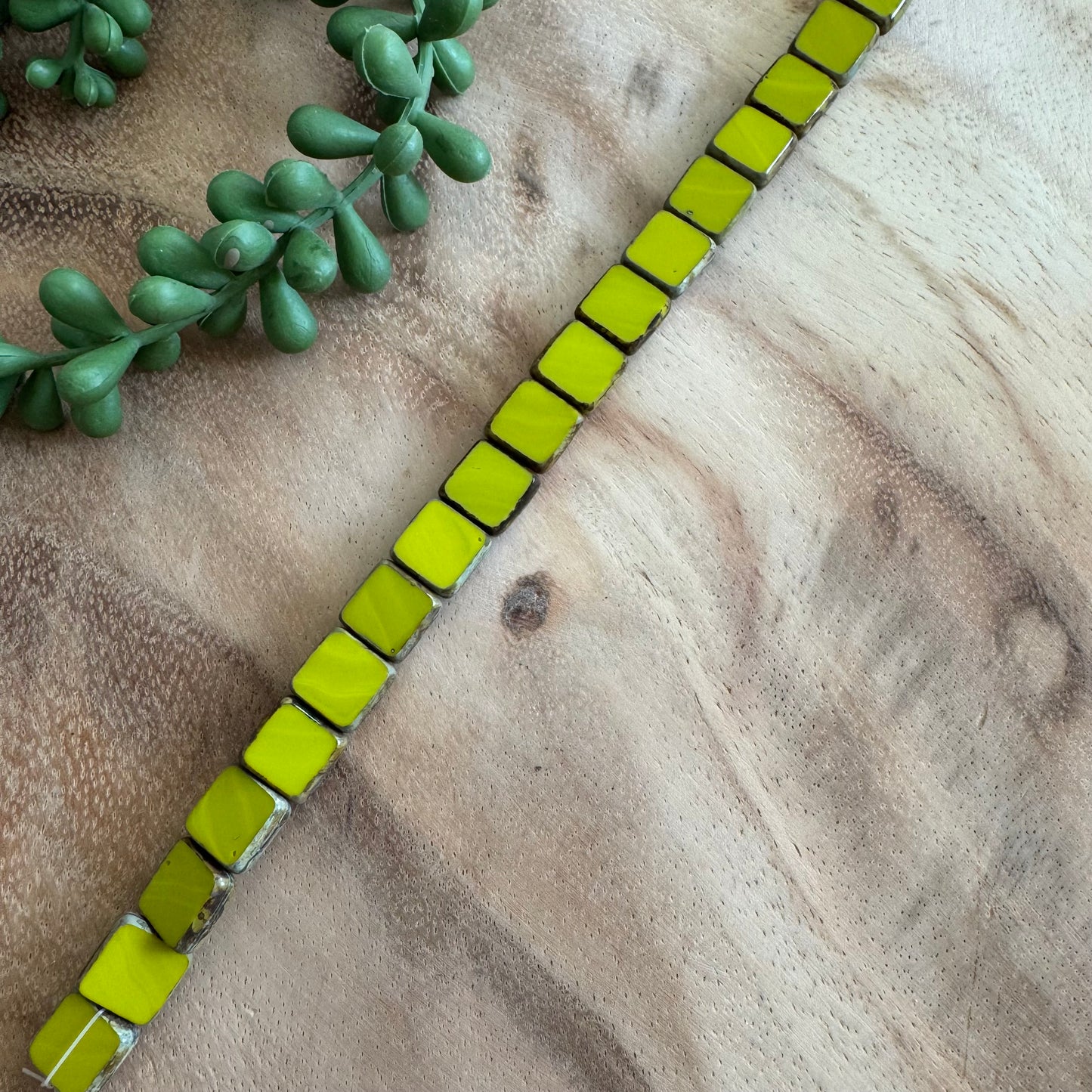 Vintage Chartreuse Green Table Cut Czech Glass Squares – 10 mm – 8 Inch Strand