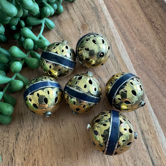 Turkmen Brass Bead with Blue Inlay | 25x30mm