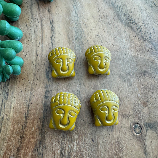 Czech Glass Mustard and Gold Wash Buddha Focal Bead 4pcs