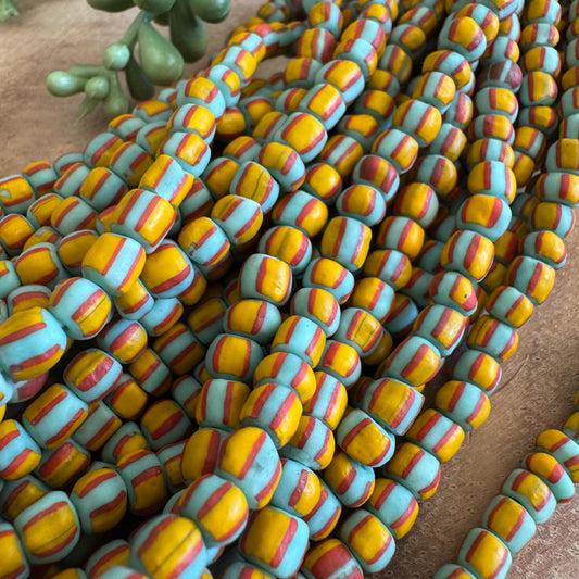 Red Yellow and Turquoise Striped Java Gooseberry Beads JS095