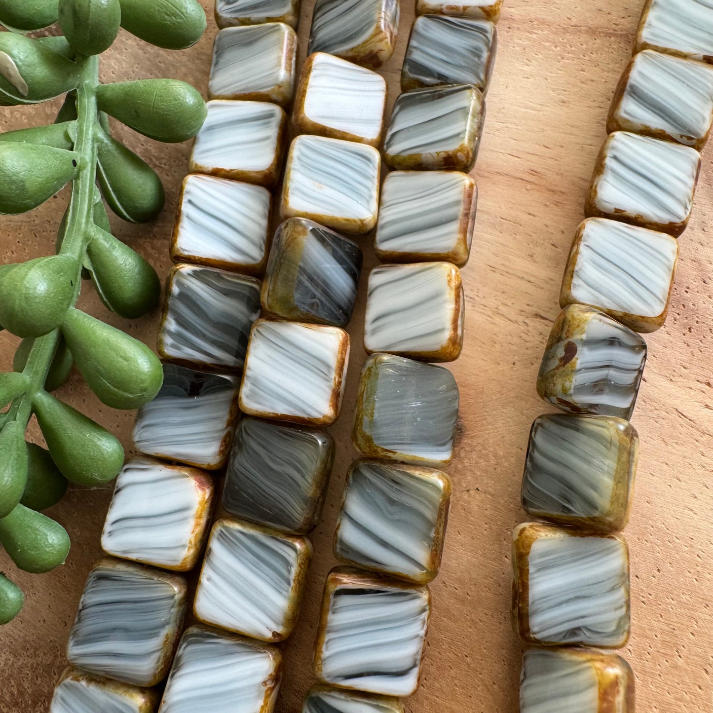 Vintage Gray & White Table Cut Czech Glass Squares – 10 mm – 8 Inch Strand