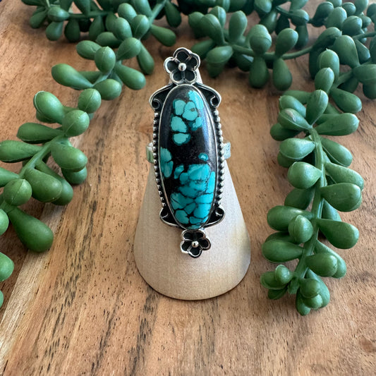.925 Sterling Silver Tibetan Turquoise Ring - Size 7