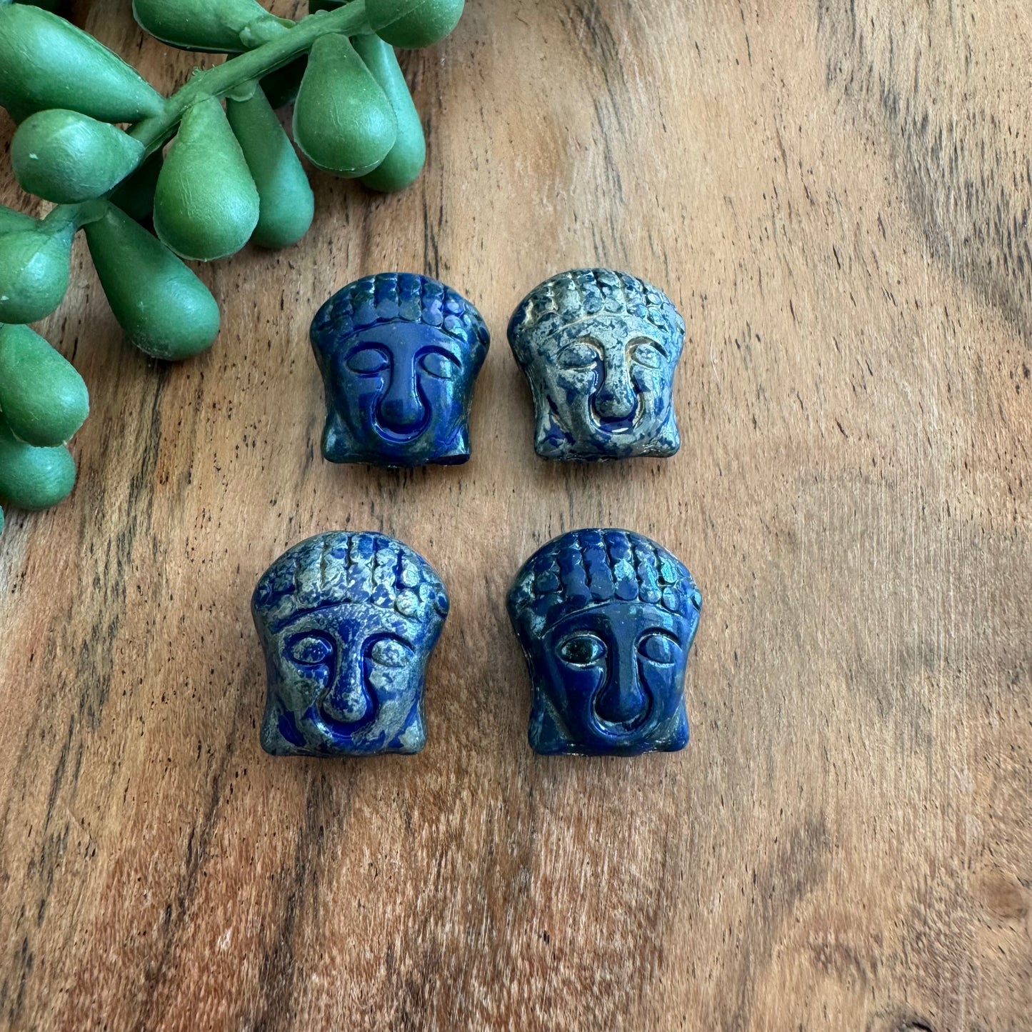 Czech Glass Blue and Silver Picasso Buddha Focal Bead 4pcs