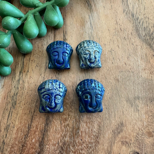 Czech Glass Blue and Silver Picasso Buddha Focal Bead 4pcs