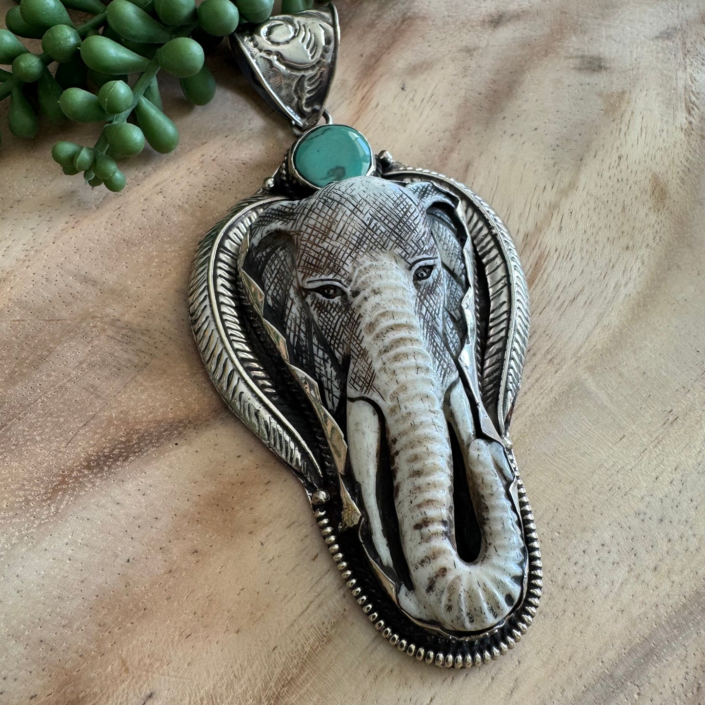Carved Bone Elephant and Turquoise Statement Pendant SWP06