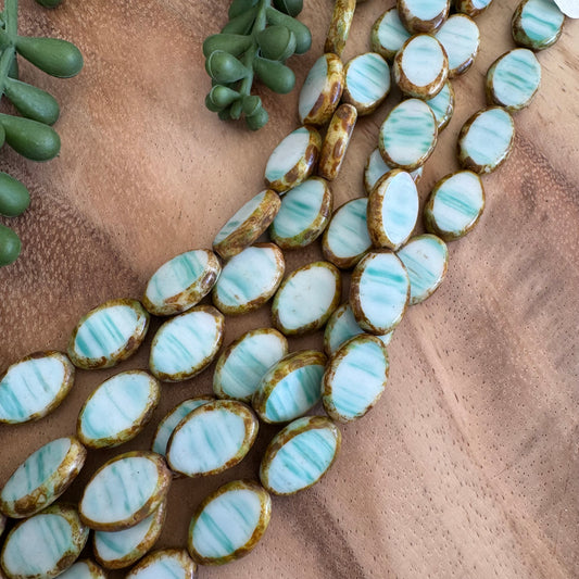 Vintage Blue & White Table Cut Czech Glass Ovals – 12x16 mm – 8 Inch Strand