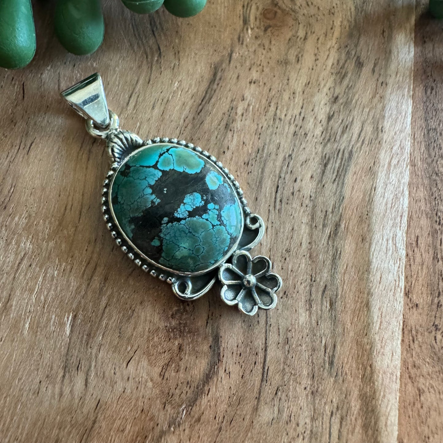 .925 Sterling Silver Pendant – Tibetan Turquoise with Floral Silverwork