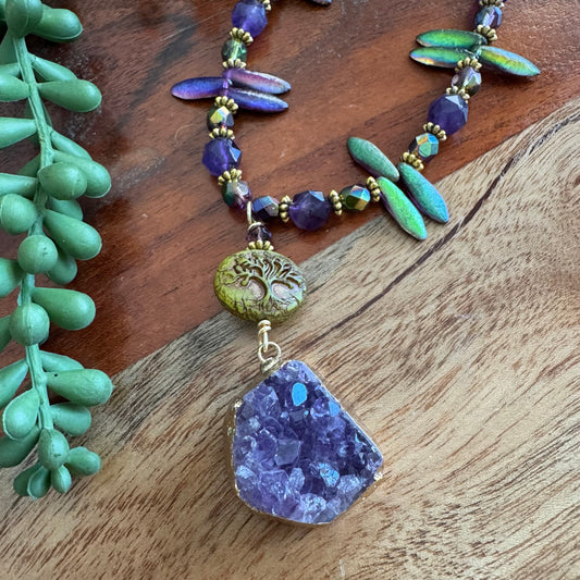 Purple Druzy and Amethyst Necklace with Tree of Life and Czech Glass Accents