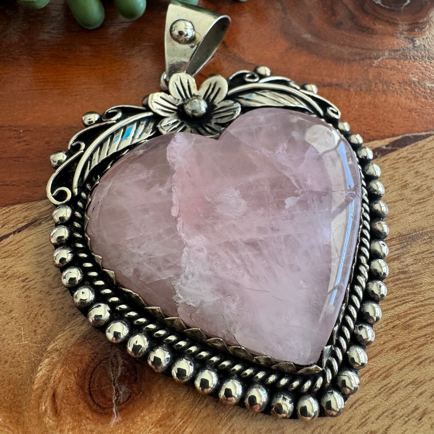 Large Rose Quartz Heart Pendant with Floral Detailing – Antique Silver-Tone Southwest Style
