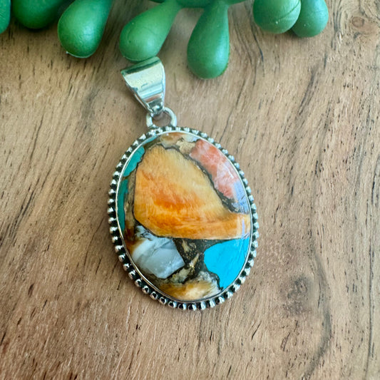 .925 Sterling Silver Oval Pendant – Orange Spiny Oyster & Turquoise