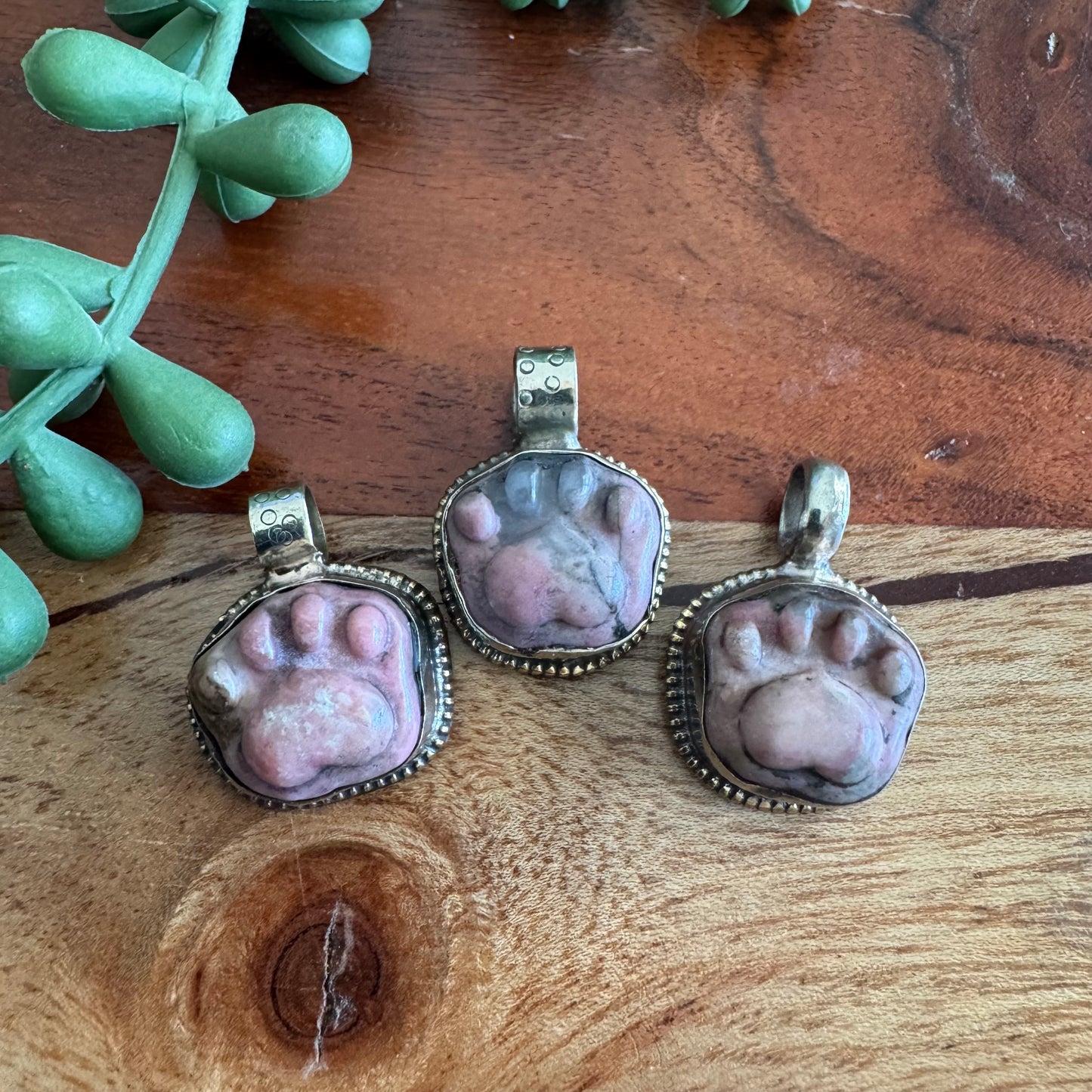 Tiny Rhodonite Bear Paw Pendant – Antique Silver Southwest Style Random Pick